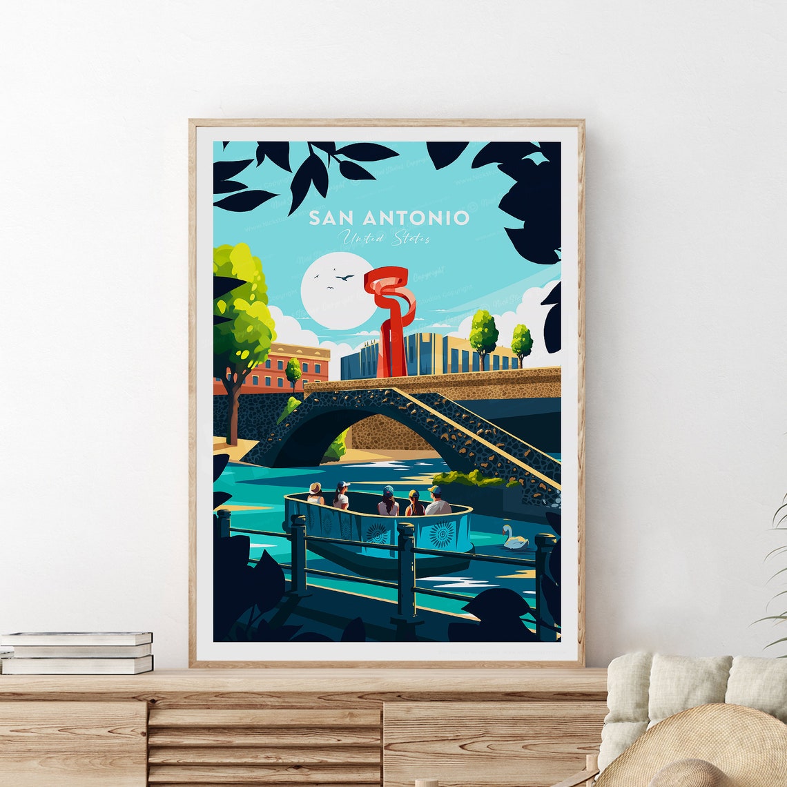 San Antonio Texas River Walk Stone Bridge Boat Ride Travel Poster