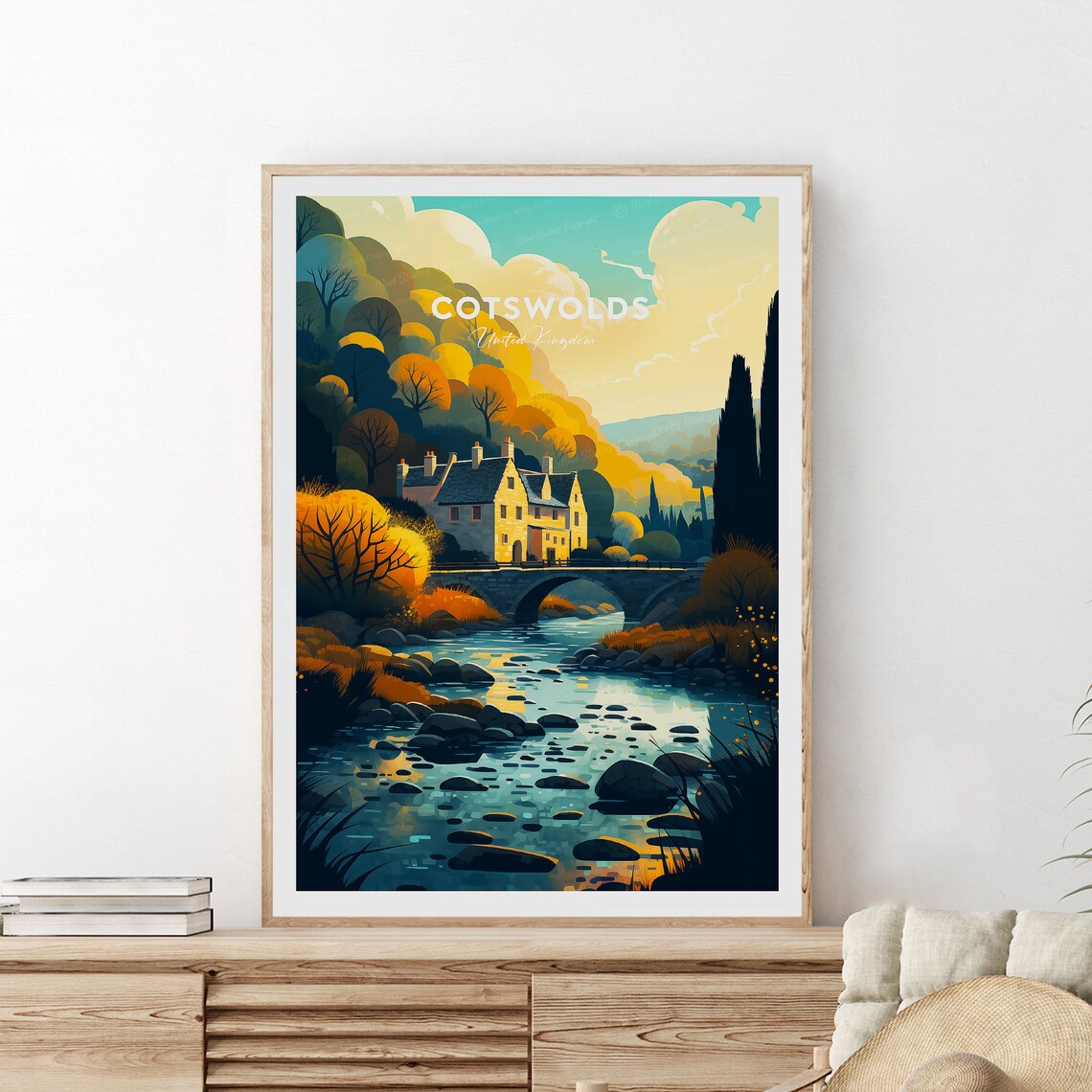 Cotswolds Autumn Stone Cottages Riverside Bridge England Travel Poster