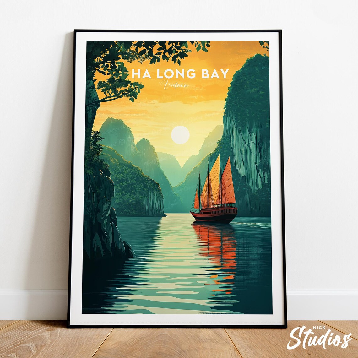 Ha Long Bay Vietnam Orange Sailed Junk at Sunset Classic Travel Poster