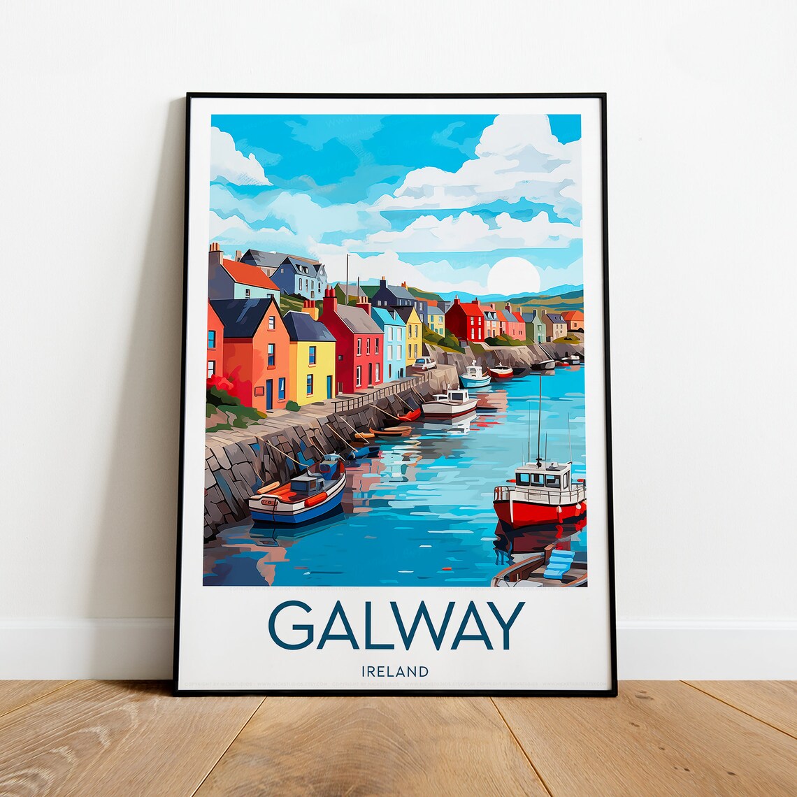 Galway Ireland Colorful Harbor Houses Fishing Boats Scenic Poster