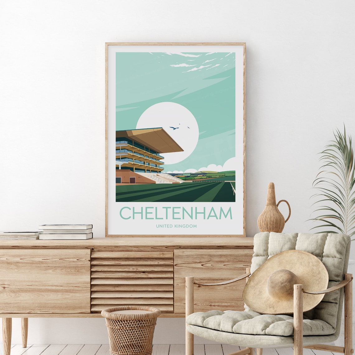 Cheltenham Racecourse Grandstand under Bright Blue Skies Poster