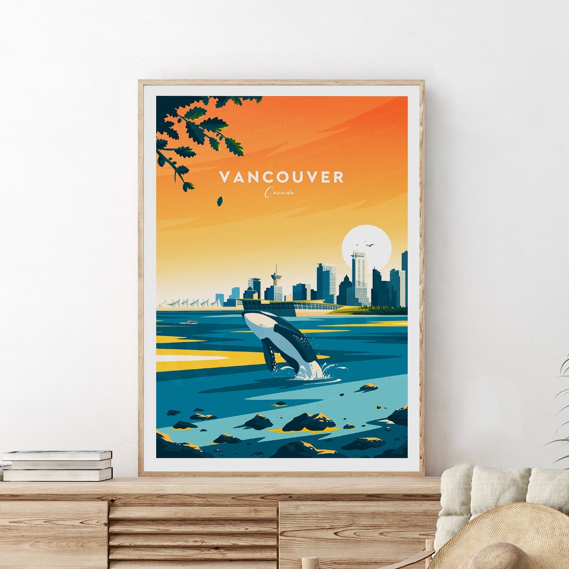 Vancouver Canada Sunset Skyline Leaping Orca Whale Travel Poster - Image 2