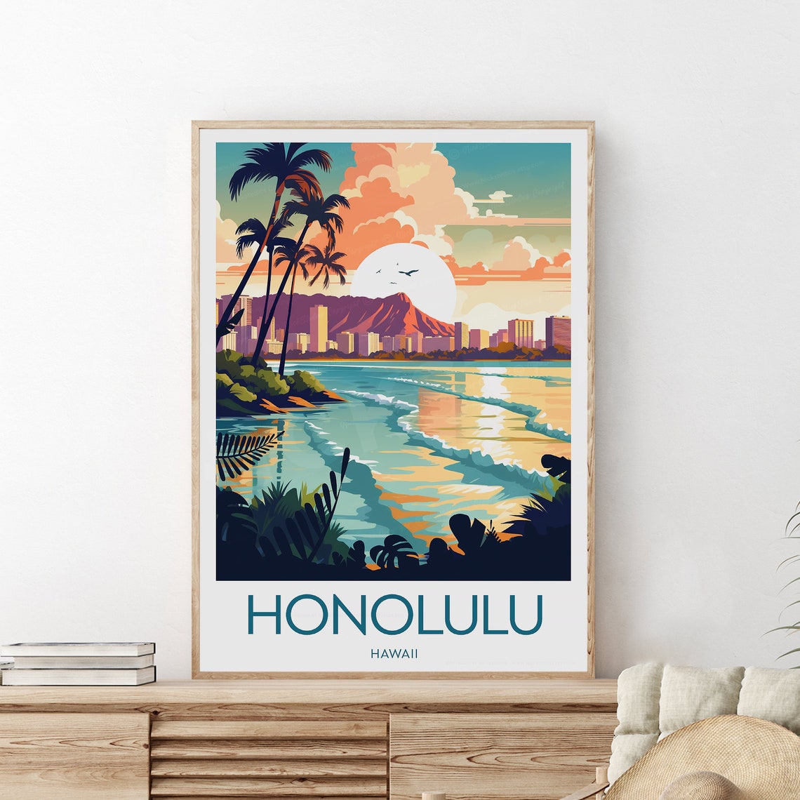 Honolulu Hawaii Waikiki Beach Palms Diamond Head Sunset Travel Poster - Image 2