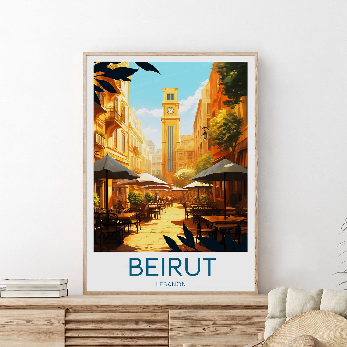 Beirut Lebanon Sunlit Cafe Street With Historic Clock Tower Poster - Image 2