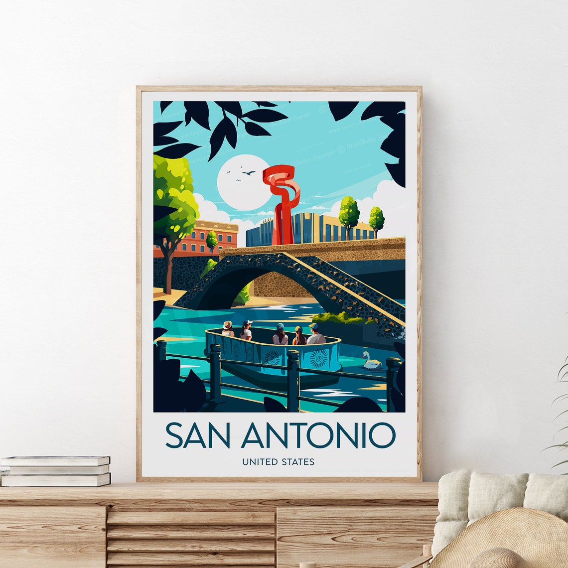 San Antonio Texas River Walk Boat Bridge Night Sculpture Travel Poster - Image 2