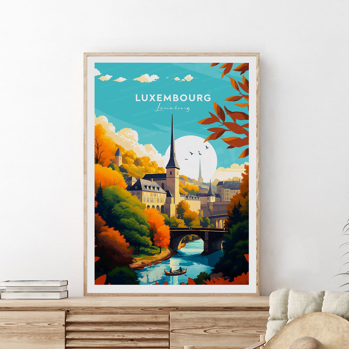 Luxembourg City Old Town Church Spire River Bridge Travel Poster - Image 2