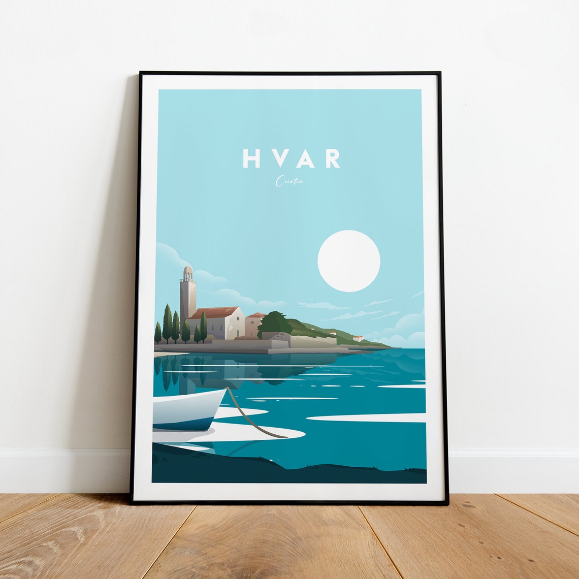 Hvar Croatia Harbor Bell Tower Boat Adriatic Sea Travel Poster