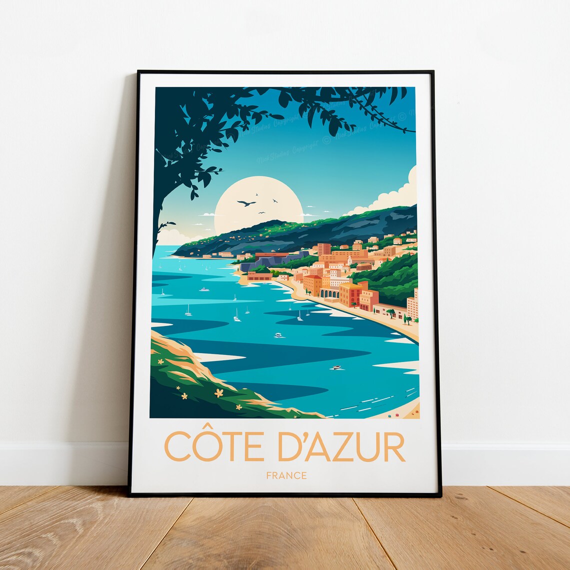 Cote dAzur France Riviera Moonlit Bay Vintage Coastal Travel Poster
