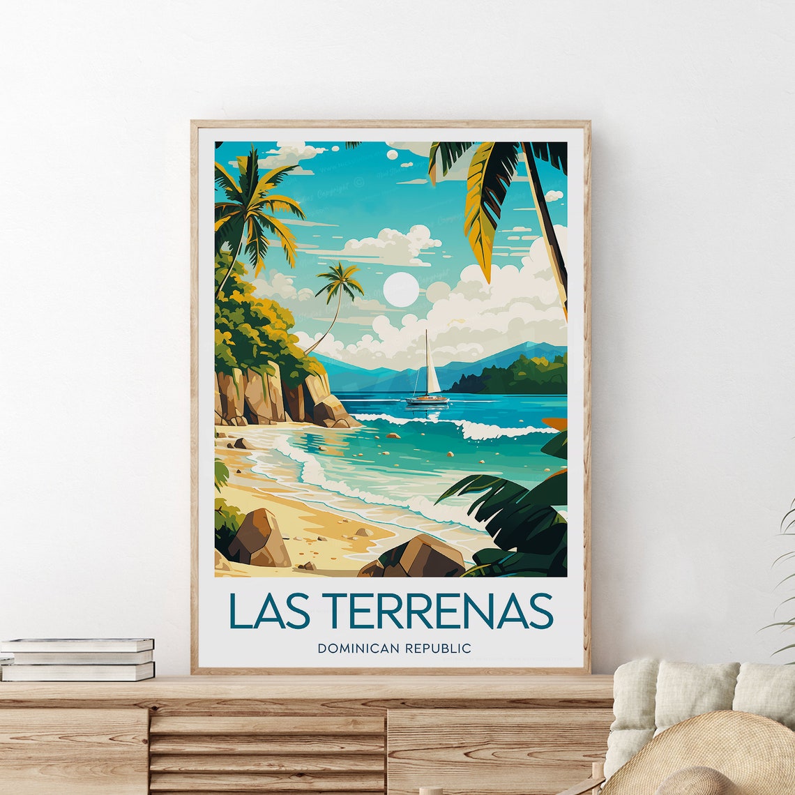 Las Terrenas Dominican Republic Tropical Beach Palm Sailboat Travel Poster