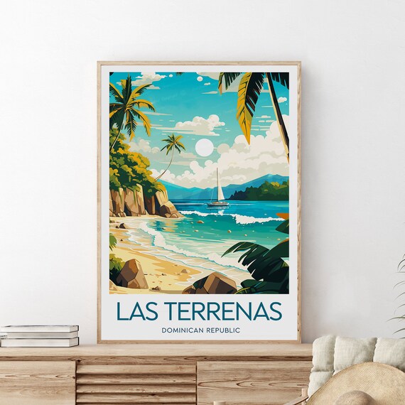 Las Terrenas Dominican Republic Tropical Beach Palm Sailboat Travel Poster