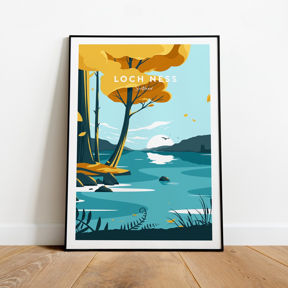 Loch Ness Scotland Autumn Lakeside Trees Retro Travel Poster