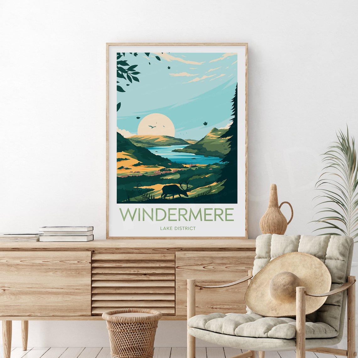 Windermere Lake District England Sunrise Deer Scenic Travel Poster