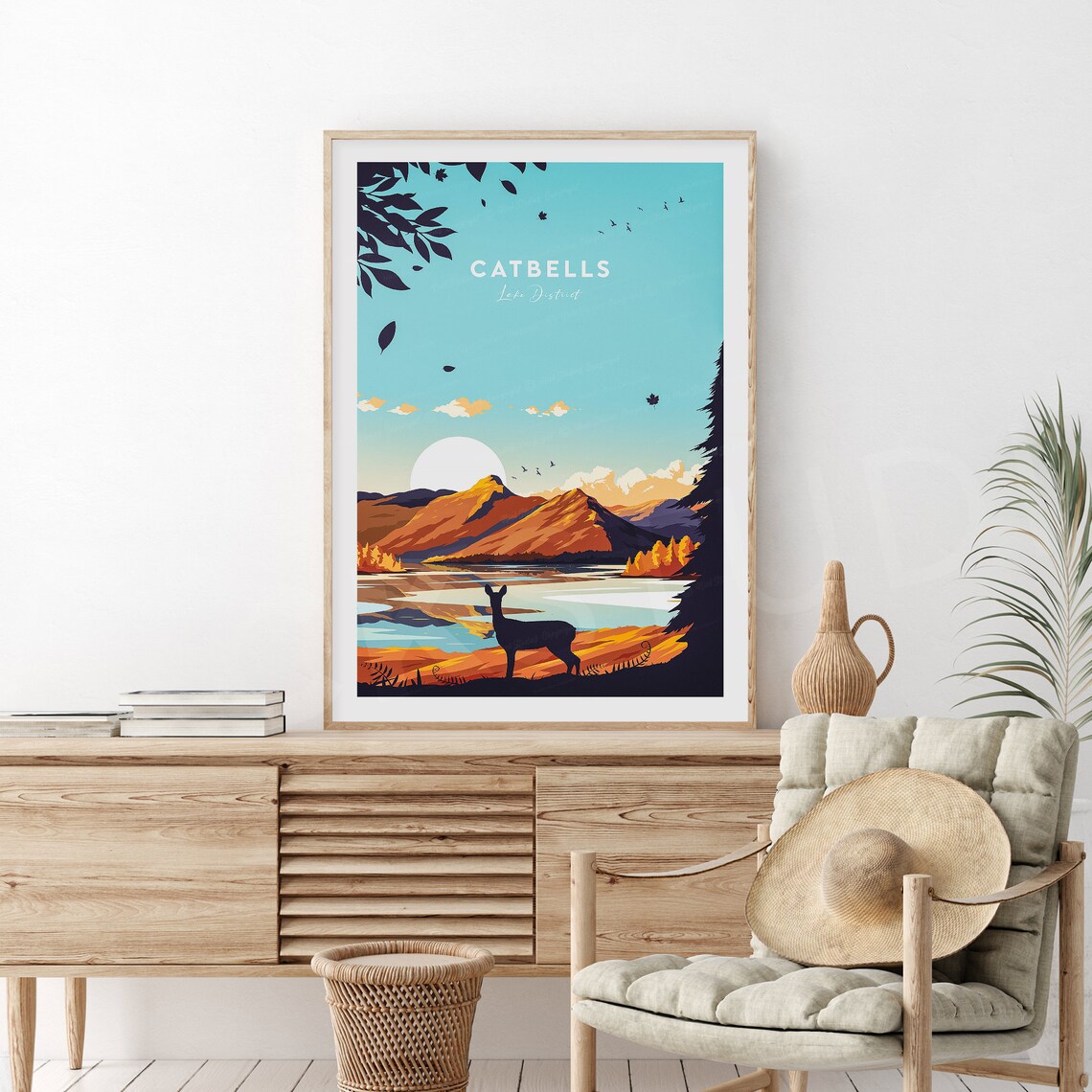Catbells Lake District Mountain Deer Sunset Scene Travel Poster