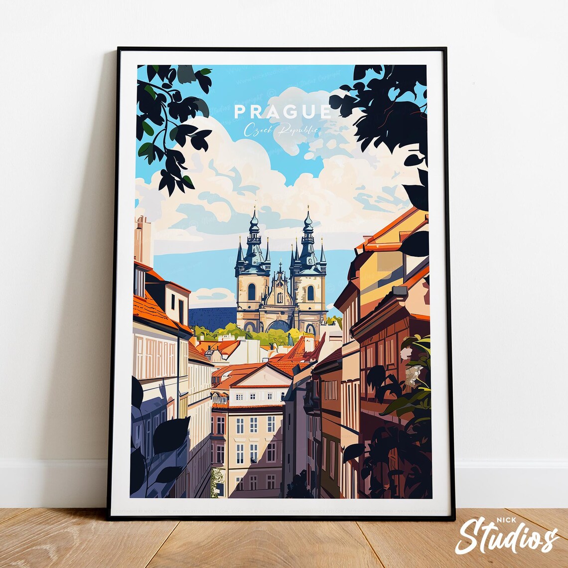 Prague Twin Spire Church Old Town Retro Czech Republic Travel Poster