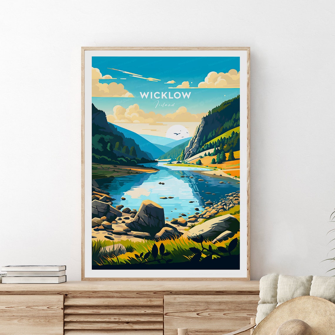 Wicklow Ireland River Valley Green Hills Landscape Travel Poster