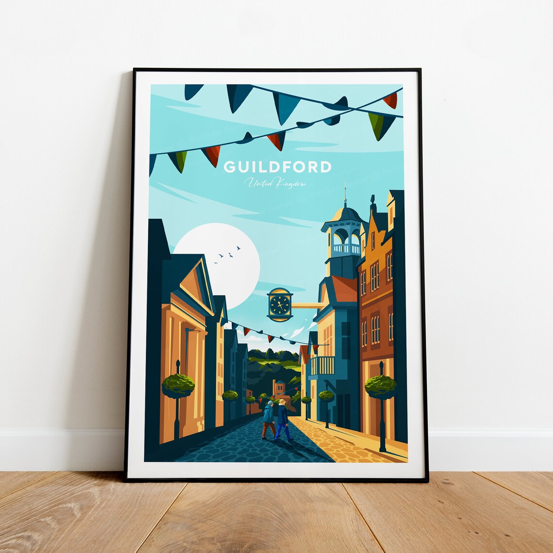 Guildford High Street Historic Clock Bunting England Travel Poster