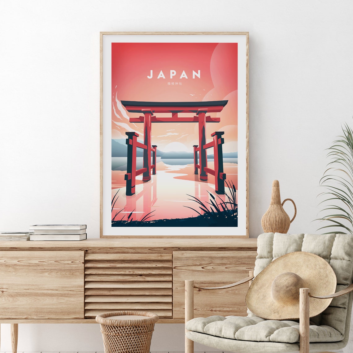 Japan Red Torii Gate Sunset Over Water Travel Poster Japanese Art