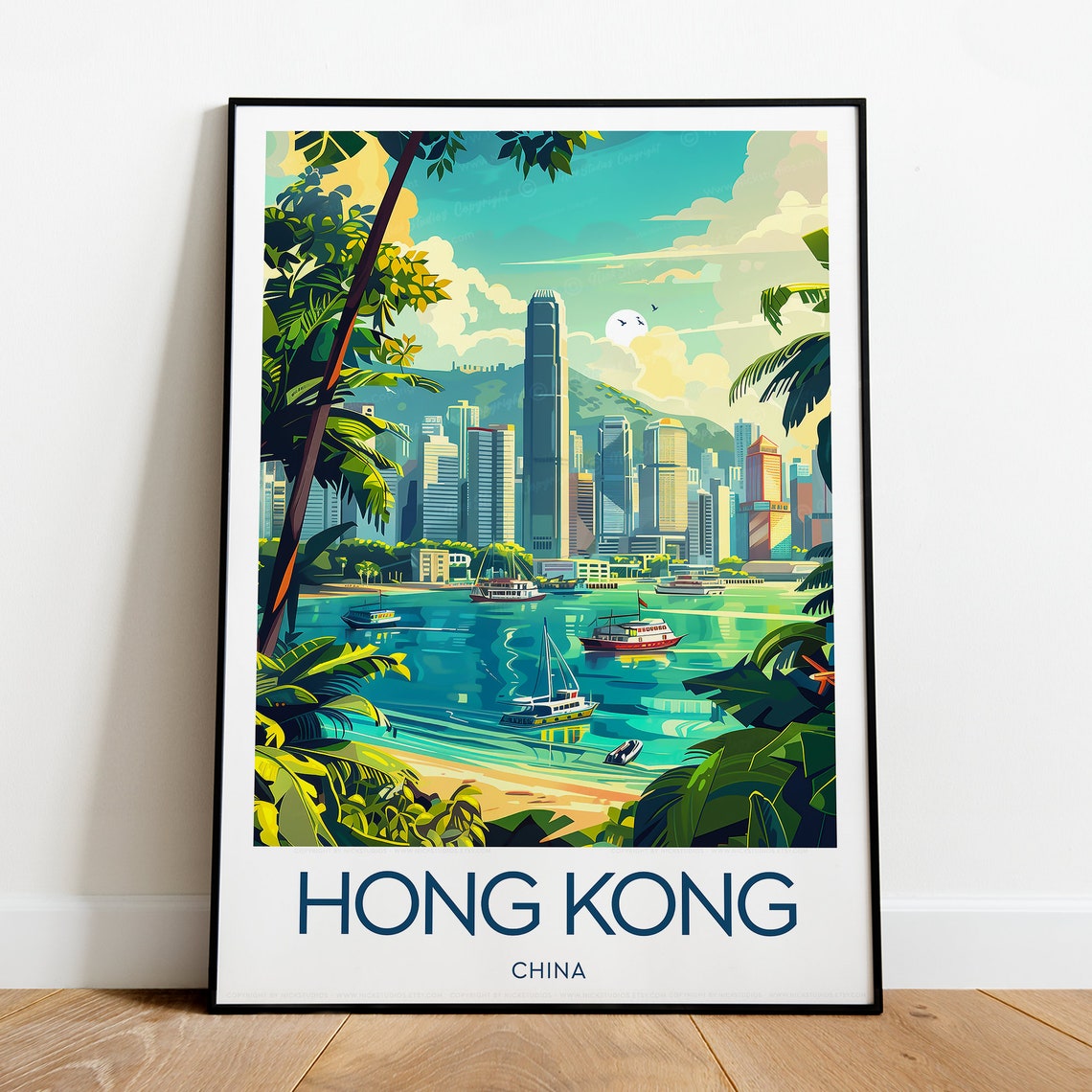 Hong Kong China Harbour Boats Skyline Through Palm Trees Poster