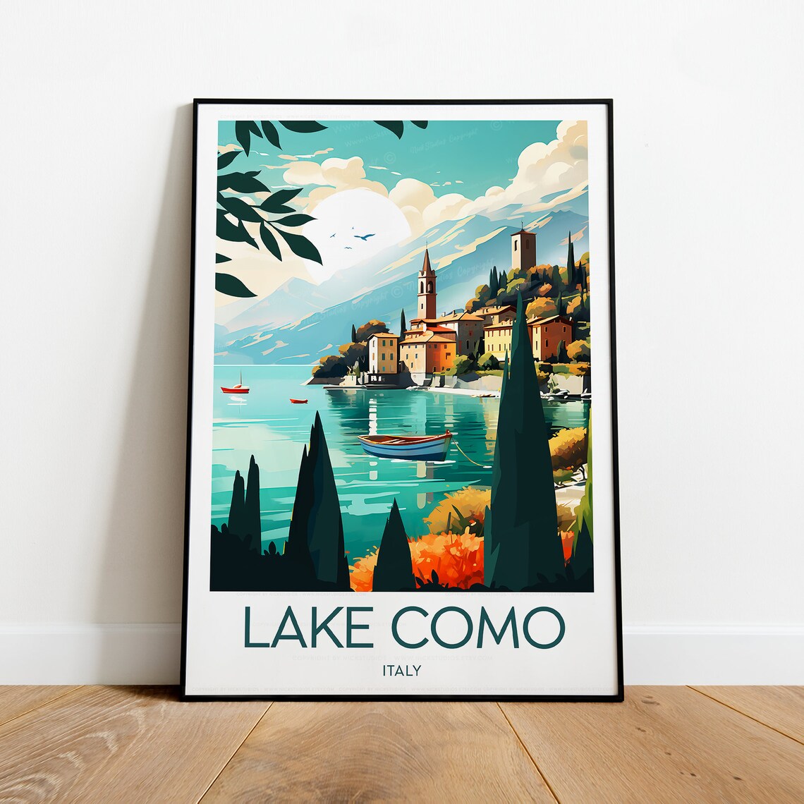 Lake Como Italy Lakeside Village Boats Cypress View Travel Poster