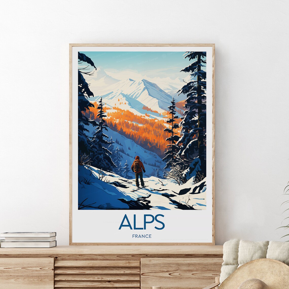 Alps France Snowy Mountain Backpacker Winter Hiking Travel Poster - Image 2