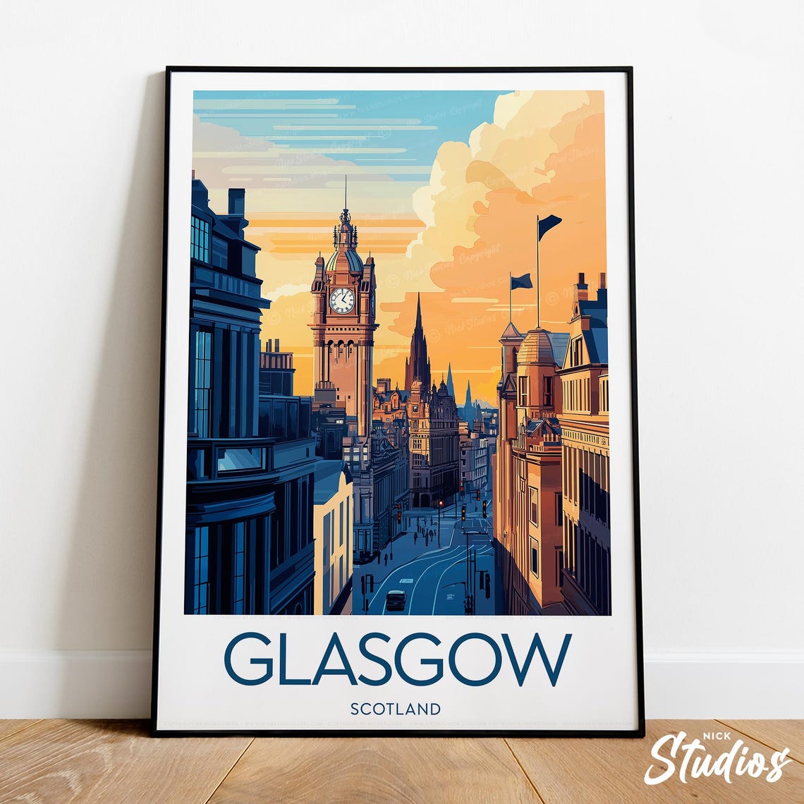 Glasgow Scotland Historic Clock Tower Street Retro Travel City Poster