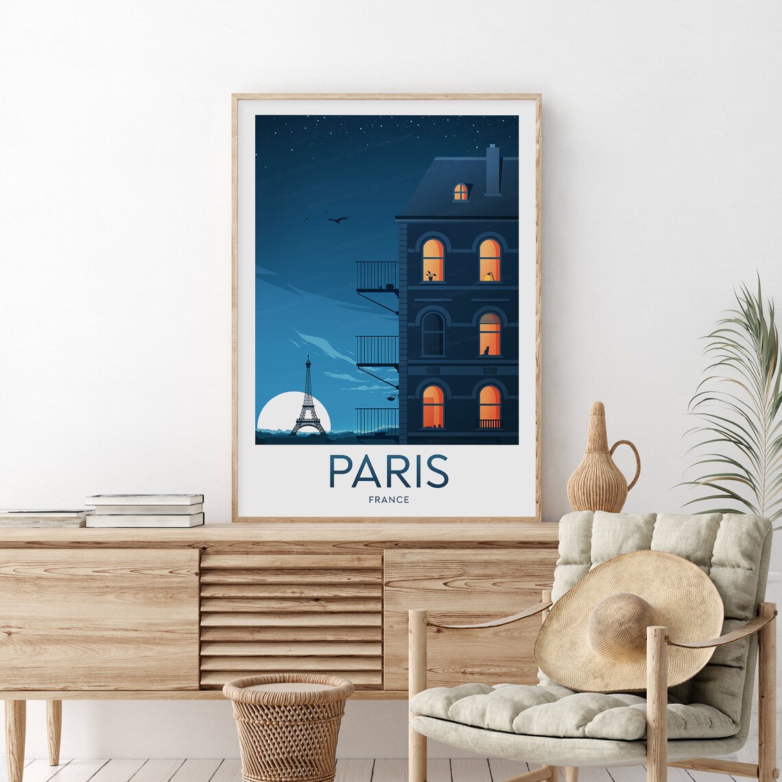 Paris France Eiffel Tower Moonlit Night Cityscape Travel Poster