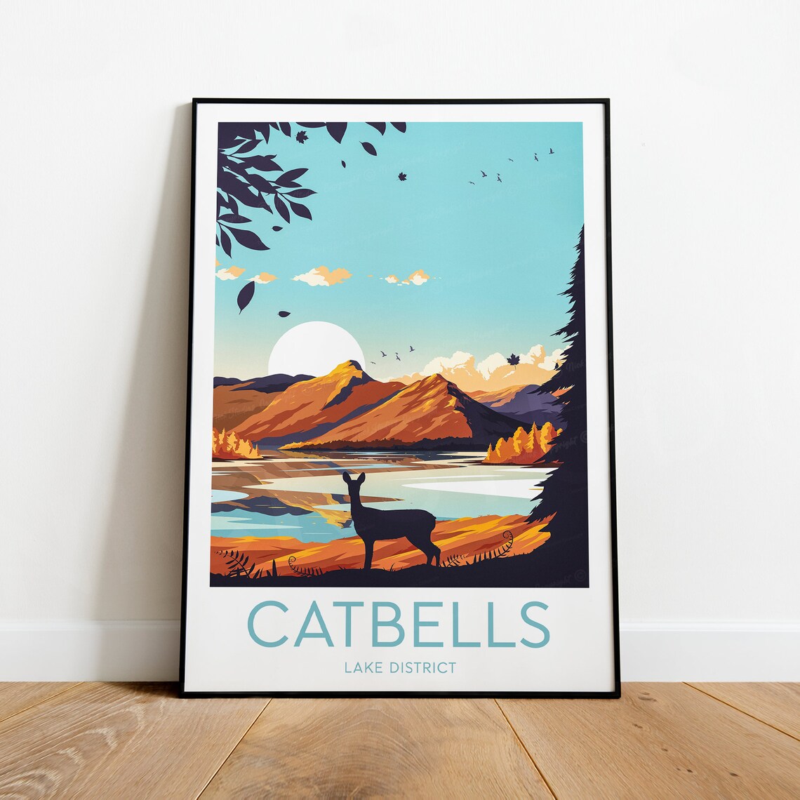 Catbells Lake District Golden Sunset Deer Lake Travel Poster