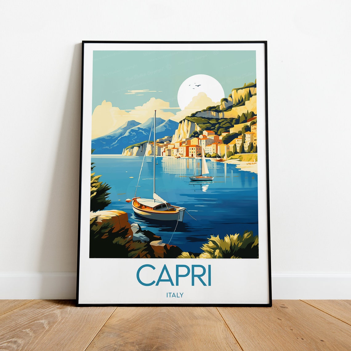 Capri Italy Marina Sailboats Cliffs Bay Coastal Scene Poster - Image 2