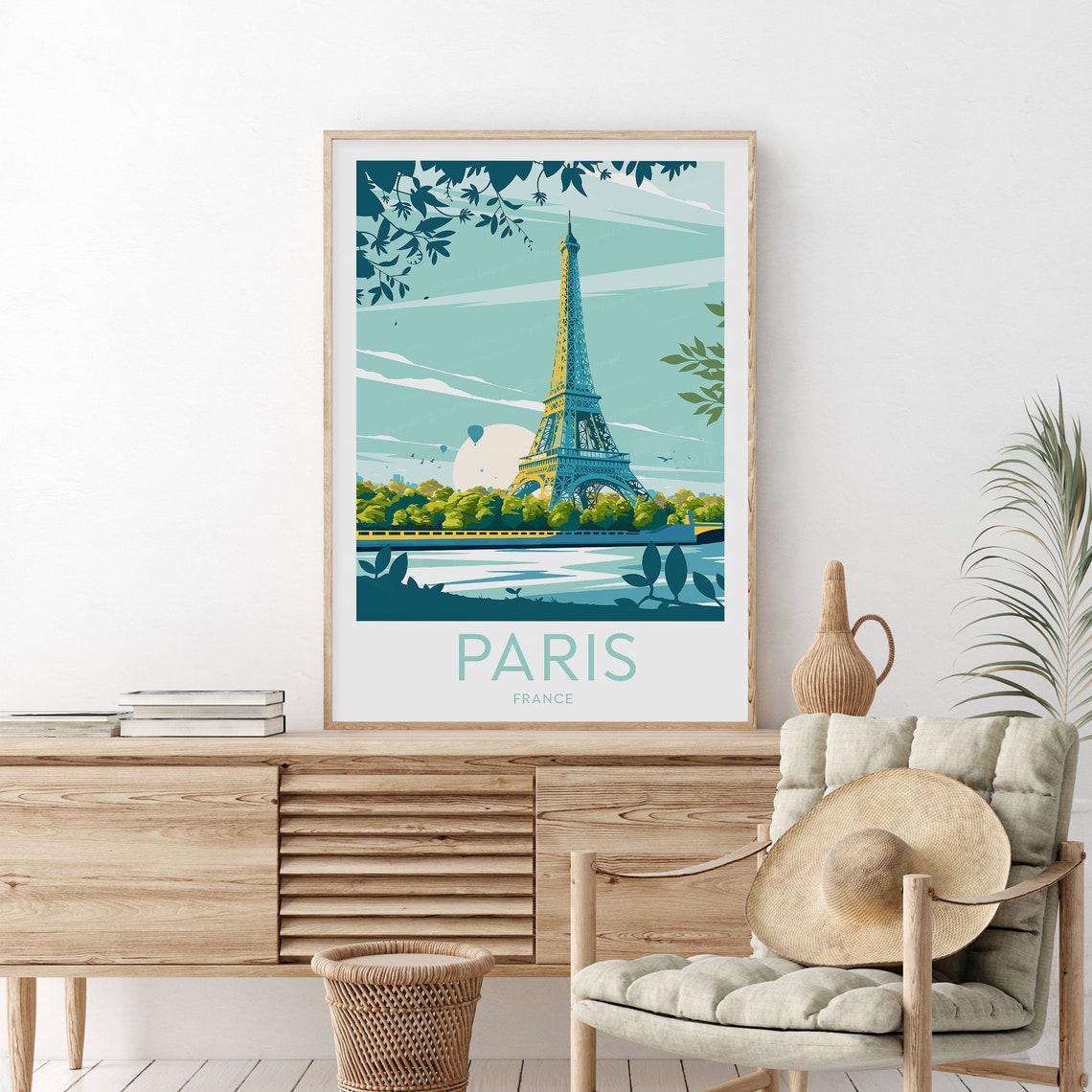 Paris Eiffel Tower Seine River Hot Air Balloon Vintage Travel Poster