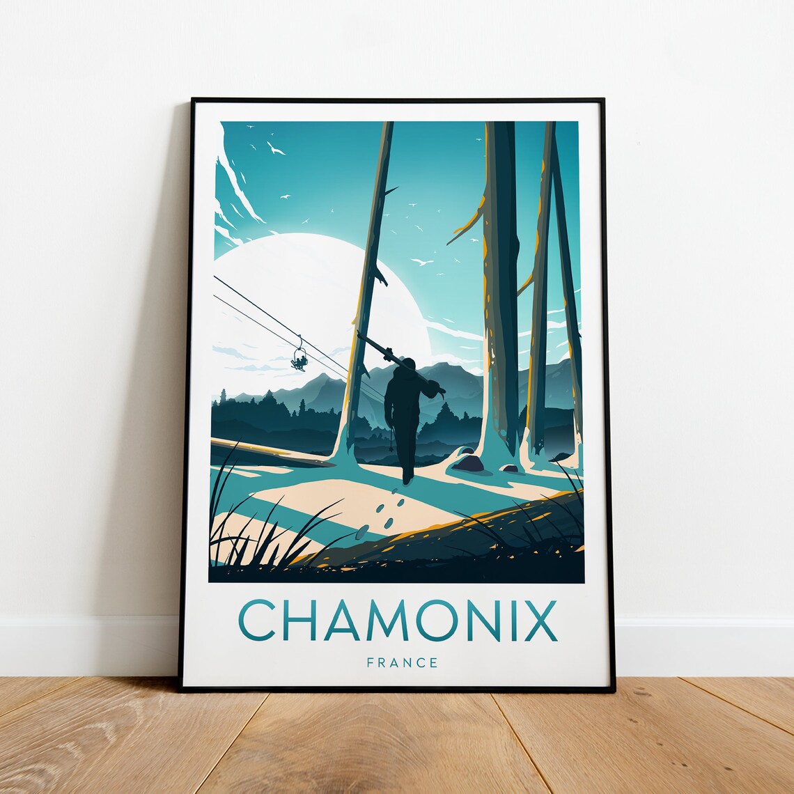 Chamonix France Skier Walking Pine Forest Chairlift Travel Poster - Image 2