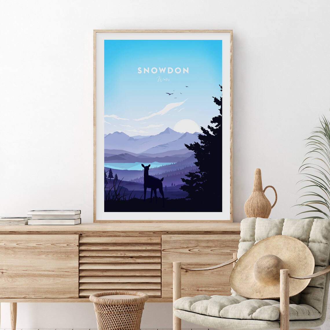 Snowdon Wales Purple Peak Lake Deer Silhouette Travel Poster - Image 2