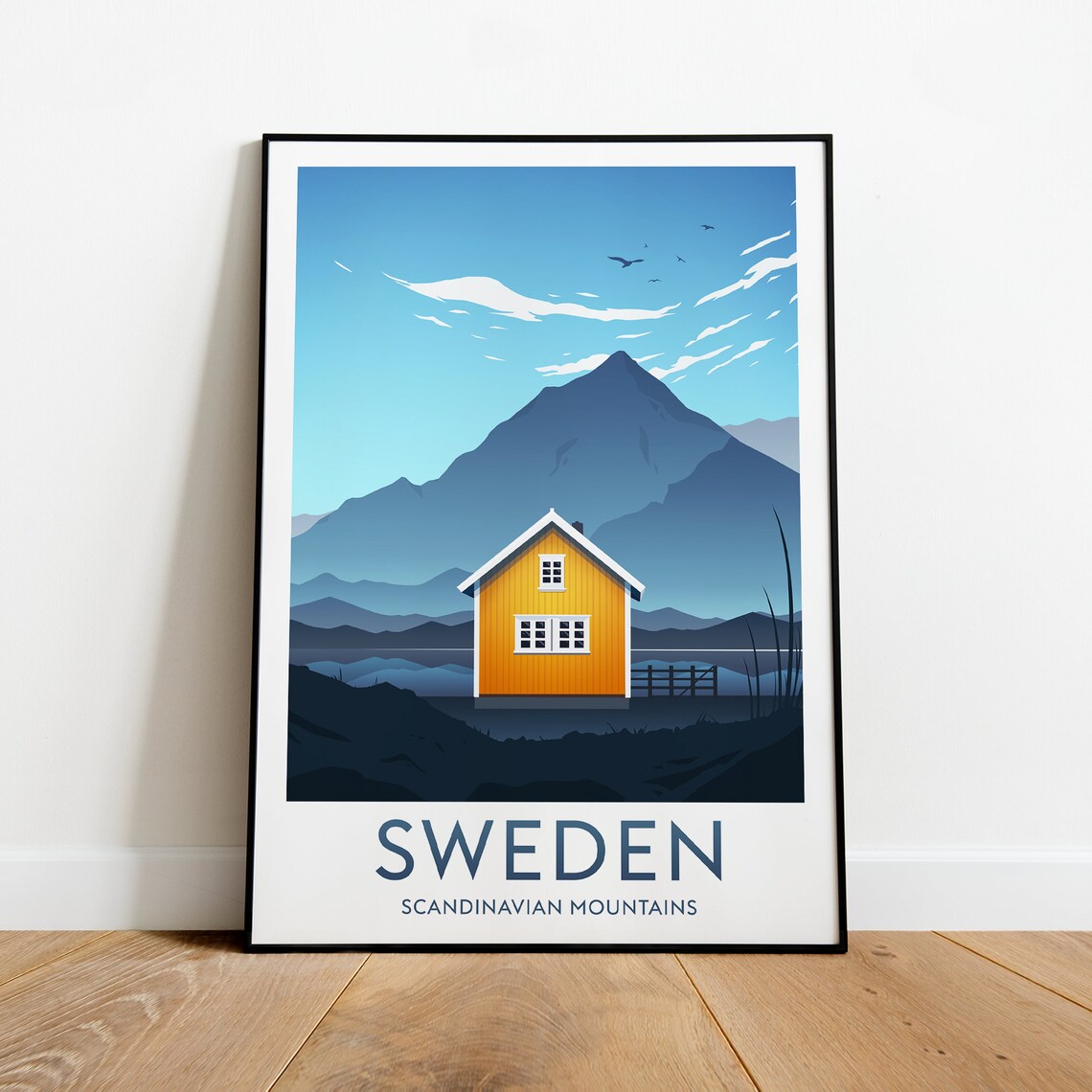 Sweden Scandinavian Mountains Yellow Wooden Cabin Travel Poster