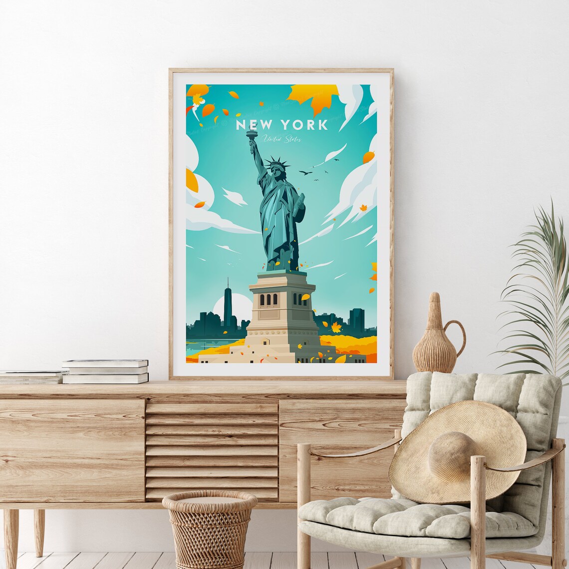 New York City Statue Of Liberty Autumn Leaves Skyline Travel Poster - Image 2