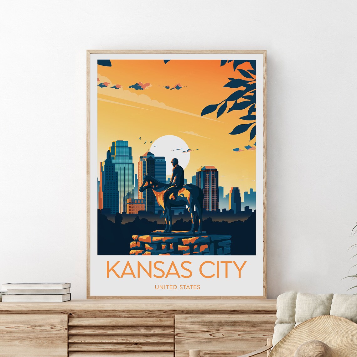 Kansas City Skyline Sunset Horse Rider Statue Evening Travel Poster