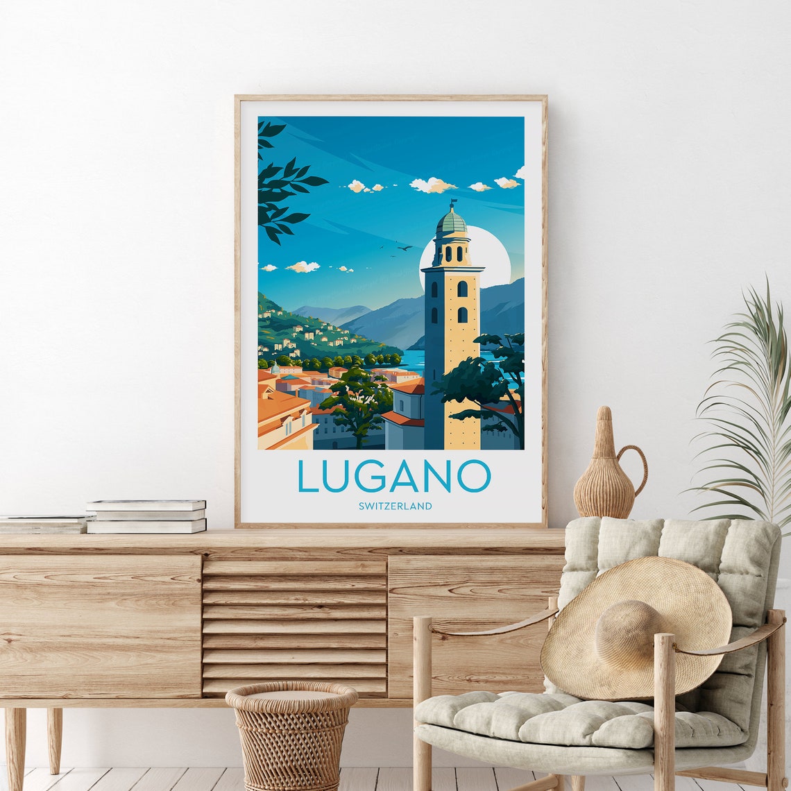 Lugano Switzerland Lakeside Bell Tower Old Town Skyline Poster - Image 2
