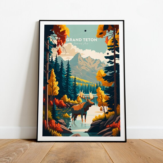 Grand Teton National Park Moose Autumn Mountain Lake Scene Poster
