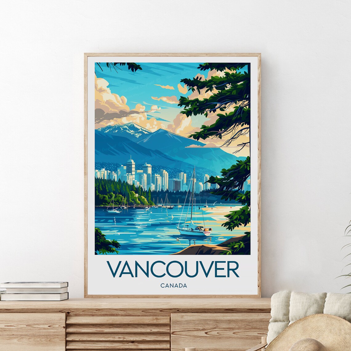 Vancouver Canada Harbor Sailboats City Skyline Mountains Travel Poster