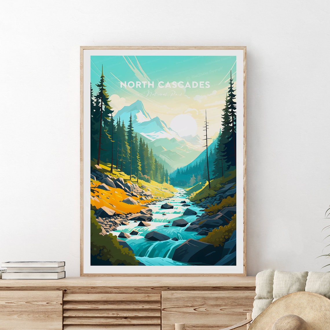 North Cascades Forest River Mountain Peaks Washington Travel Poster