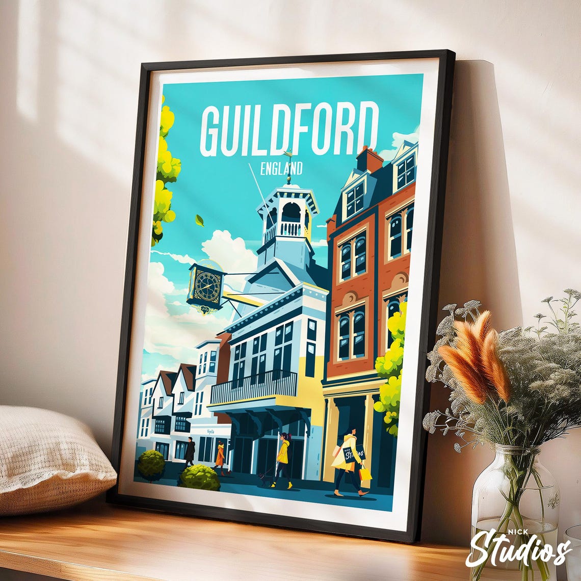 Guildford High Street Clock Tower Scene Classic Top Lettering Poster