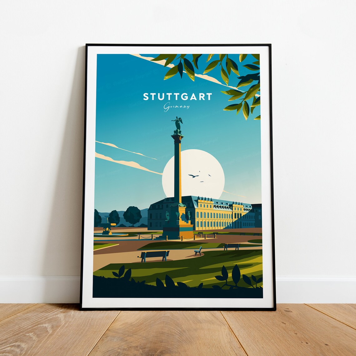 Stuttgart Germany Palace Square Column Golden Sunset Travel Poster