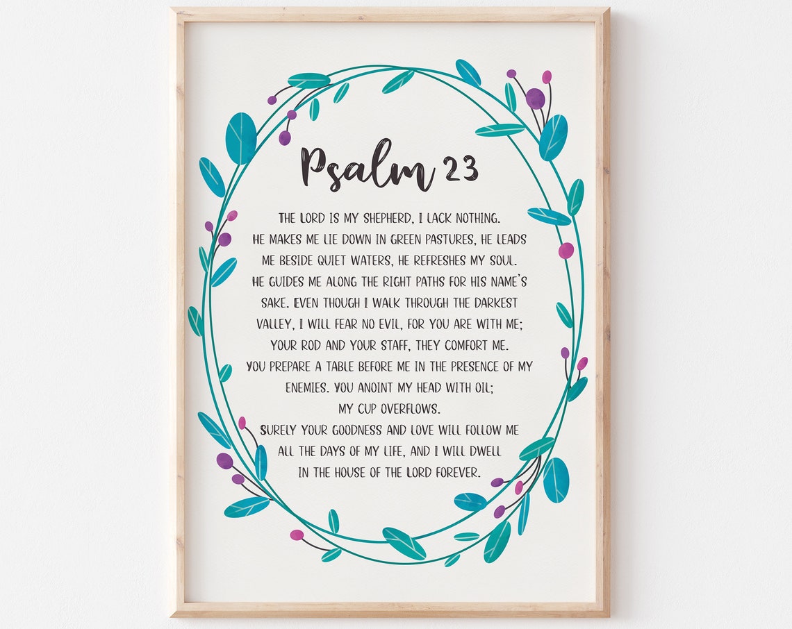 Psalm 23 Full Passage Navy Text Teal Floral Wreath Scripture Wall Art