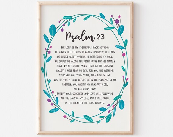 Psalm 23 Full Passage Navy Text Teal Floral Wreath Scripture Wall Art