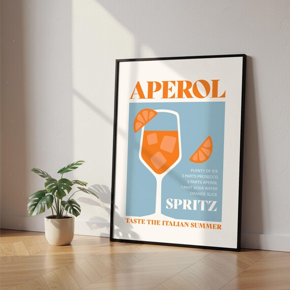 Aperol Spritz Cocktail Print Italian Summer Recipe Poster Kitchen Bar Cart Decor