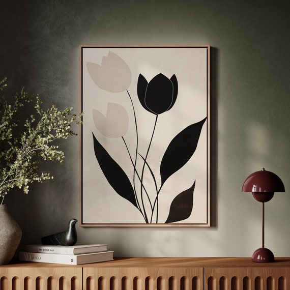 Minimalist Tulip Design In Bold Black And Beige Tones With Elegant Lines Creating A Contemporary And Modern Floral Aesthetic