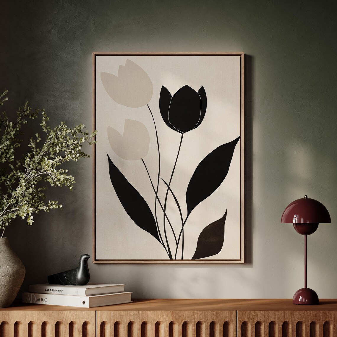 Minimalist Tulip Black Beige Line Art Modern Floral Wall Poster