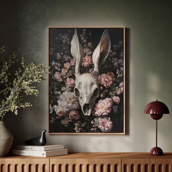 Gothic Rabbit Skull Pink Florals Dark Botanical Macabre Elegant Wall Poster