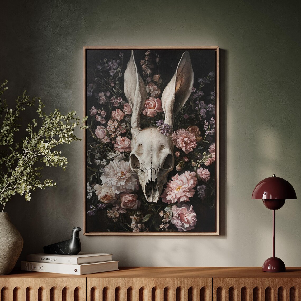 Gothic Rabbit Skull Pink Florals Dark Botanical Macabre Elegant Wall Poster