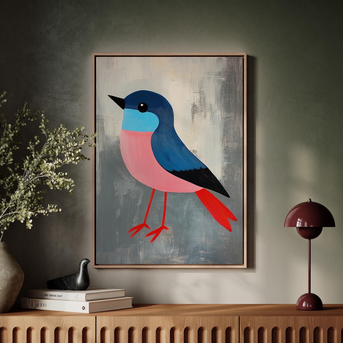 Minimalist Pink Blue Bird Illustration Modern Colorful Wall Art
