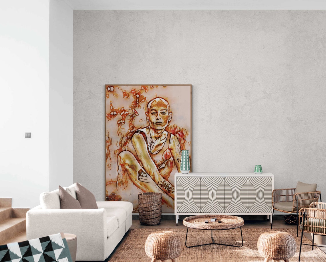 Colorful Strong Face Bald Tattoo Woman Portrait Wall Art Poster Print Tattoo Woman Modern Minimalist Living Room Wall Art Entry Hall - Image 5