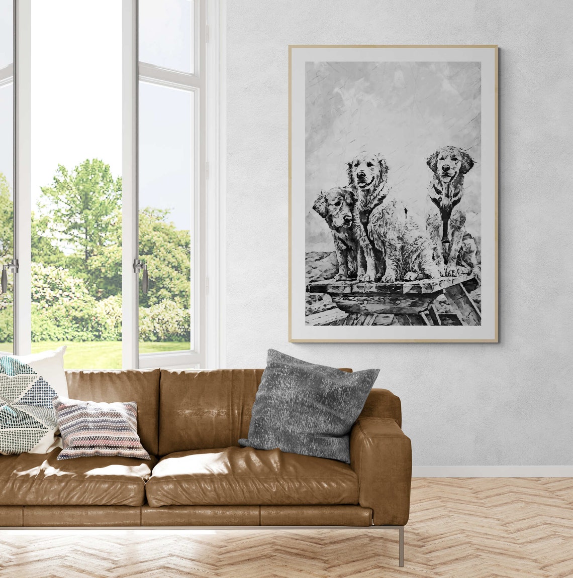 Three Cute Golden Retrievers Black White Sketch Dog Art Poster - Image 5